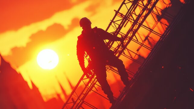 Silhouette of a construction worker on scaffolding at sunset.