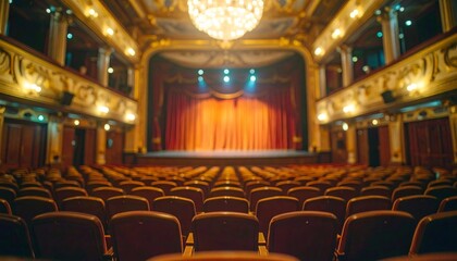 Empty theater stage with spotlight on closed curtain and seats in foreground
