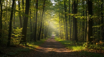 Sunlit path through a dense autumn forest
