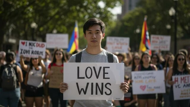 Young Asian Male Activist Holding Sign at Pride Parade, Advocating for Love and Equality Amidst Diverse Crowd of Supporters in Open Public Space