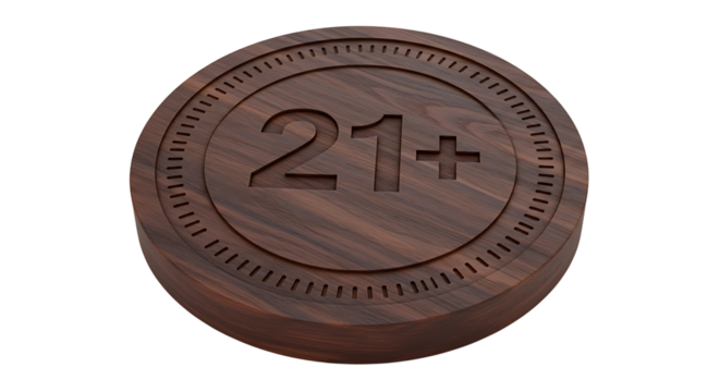 Artisanal walnut token indicating legal age restriction for access and purchase