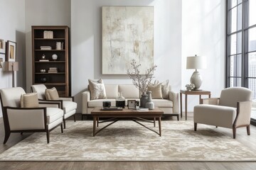 Modern beige living room with wooden furniture, a large abstract painting, and a light-filled space