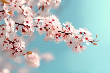 Delicate pink cherry blossom branch against blue.