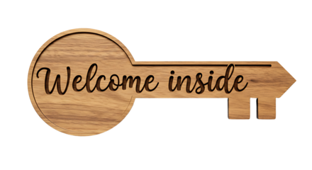 Charming wooden key decoration with a 'Welcome Inside' message inviting hospitality
