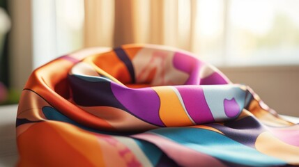 Abstract Colorful Silk Scarf, Luxurious Texture, Vibrant Design, Soft Fabric, Fashion Accessory, Close-up Photography