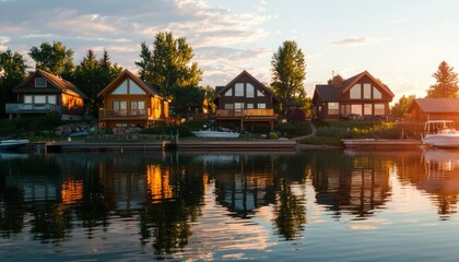 Fototapeta premium Lakeside cabins at sunset