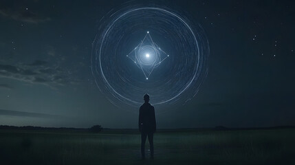 Night Sky Enigma: A solitary figure stands silhouetted against a vast, starlit night sky, gazing up at an ethereal, glowing celestial symbol. The scene evokes a sense of mystery and wonder. 