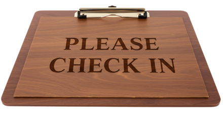 Elegant wooden clipboard with engraved check-in message for organized hospitality