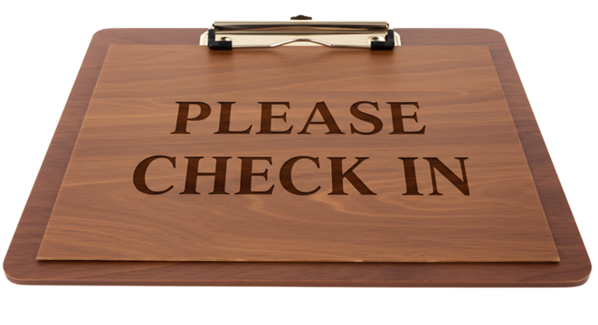 Elegant wooden clipboard with engraved check-in message for organized hospitality
