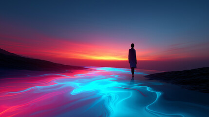 Silhouette einer Person vor dramatischem Sonnenuntergang mit leuchtendem blauem Wasser am Strand