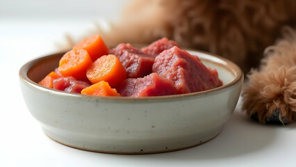 Poodle's Groomed Paws Delicately Positioned Beside Premium Ceramic Bowl Filled with Nutrient-Rich BARF Diet on Pure White Surface