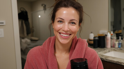 Woman Smiling in Bathroom created with Generative AI Technology, ai, generative