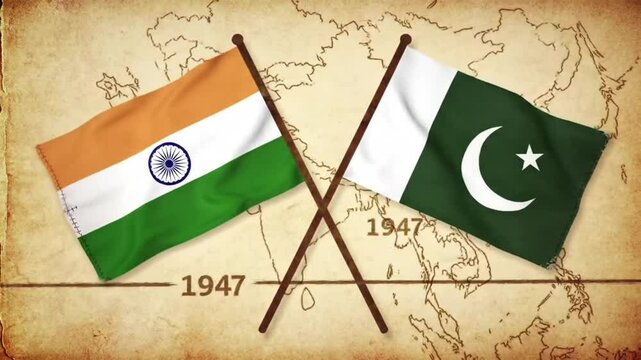 India and Pakistan Flags Crossed Over Vintage World Map