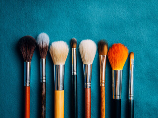 Seven Makeup Brushes Arranged in a Row on Teal Background