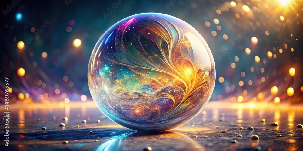 Fototapete A luminous sphere encapsulates vibrant nebulae, resting on a reflective surface strewn with luminous droplets, creating an ethereal dreamscape.