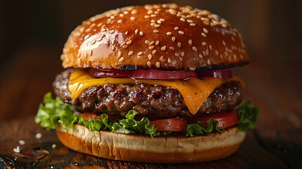 Juicy Cheeseburger with Sesame Bun Lettuce Tomato and Onion on Wooden Background