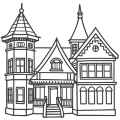 Detailed Victorian Style Old House Coloring Page  Printable Line Art for Adults & Children

