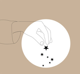 Line Art Hand of Magician Sprinkling Stars. Magic fairy tale and sorcerer at work vector art