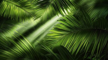 Sunlit palm fronds create a lush and captivating tropical canopy