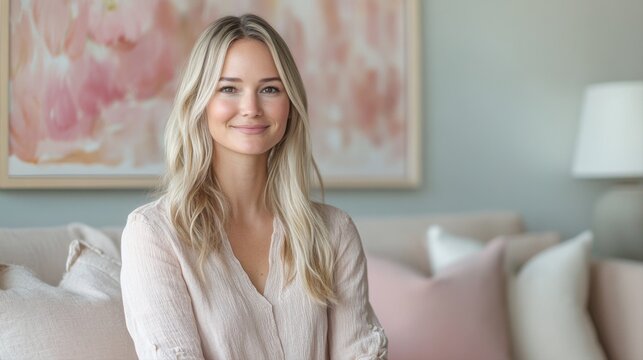 Smiling young woman with long blonde hair sitting on a sofa in a bright and modern living room interior