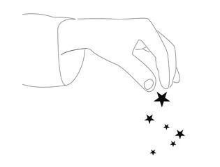 Obraz premium Line Art Hand of Magician Sprinkling Stars. Magic fairy tale and sorcerer at work vector art