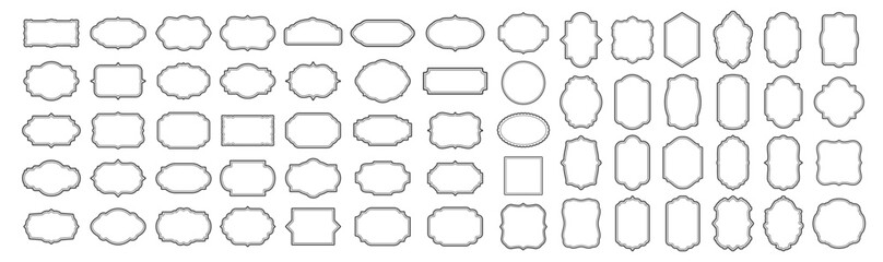 Vintage Label Frames Set. Editable Line Badges, Blank Stickers, Insignia Templates, Decorative Vector Outlines on Transparent Background
