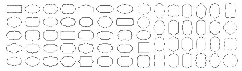 Vintage Label Frames Set. Editable Line Badges, Blank Stickers, Insignia Templates, Decorative Vector Outlines on Transparent Background