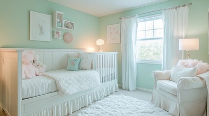 Cozy and Soft Nursery Room with Light Green Walls and White Furniture for Baby and Child Comfort