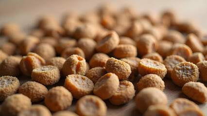 Senior Dried Dog Food Forming Gentle Background with Softer Kibble, Visible Joint Supplements and Brain-Supporting Nutrients