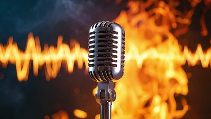 Vintage microphone against a fiery background with sound waves, symbolizing music and passion