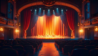 Empty theater stage with spotlight on closed curtain and seats in foreground