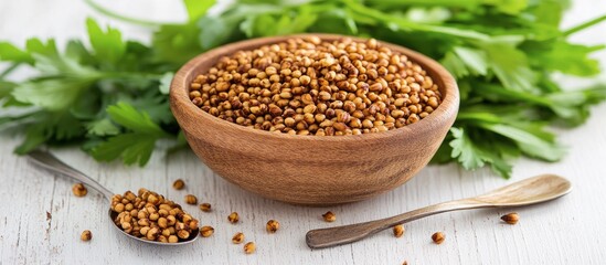 Healthy grain seeds in wooden bowl