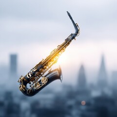 Obraz premium A golden saxophone floats against a blurred city skyline with soft sunlight shining through its body.