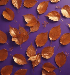 Dried orange metallic leaves, violet backdrop, intricate design, design element, organic