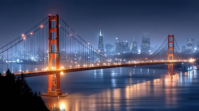 The Golden Gate Bridge illuminated at night with the San Francisco skyline glowing in the background. - Powered by Adobe