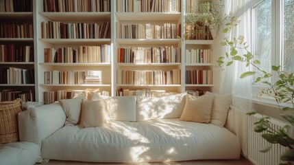Cozy reading nook with white sofa surrounded by shelves of neatly arranged books and sunlight streaming through windows