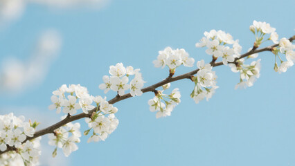 Fototapeta premium Blossoms on a Branch Against a Soft Blue Sky Background