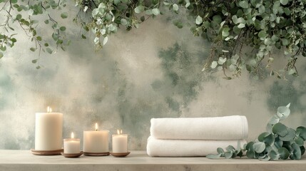 Tranquil Spa Setting with Candles and Towels Surrounded by Fresh Greenery for Relaxation and Comfort