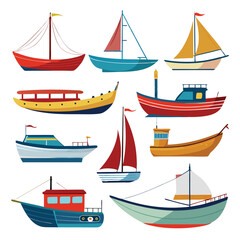 Nine  classic Boat arranged on a white background.