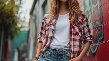 Stylish Young Woman Posing in Urban Setting with Graffiti Background Wearing Casual Outfit and Confident Smile