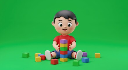Adorable Child Playing with Colorful Building Blocks on Green Background