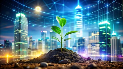 Growing plant emerging from soil symbolizing sustainable development and technological advancement in the city