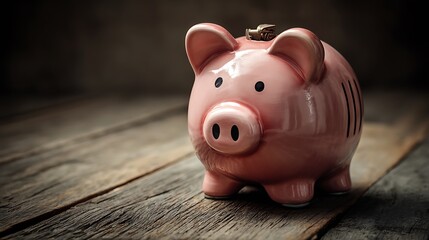 Pink piggy bank on rustic wooden table