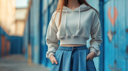 Young Woman in Casual Outfit Posing Outdoors with a Cropped Hoodie and Denim Skirt Against Vibrant Background