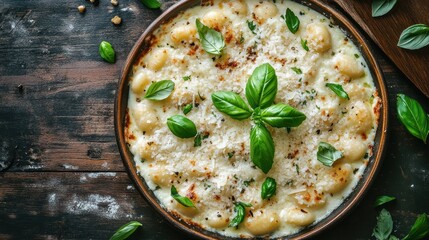 Creamy baked gnocchi with parmesan cheese and fresh basil topping