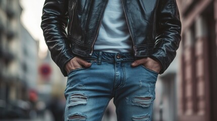 Stylish Young Man in Black Leather Jacket Posing Confidently on Urban Street with Ripped Denim Jeans