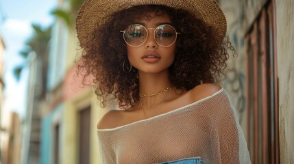 Stylish Young Woman with Curly Hair in Hat and Glasses Posing Outdoors in Colorful Urban Environment