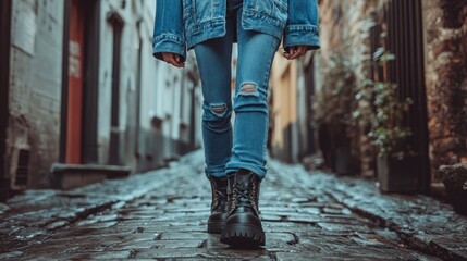 Urban Street Style with Denim Jacket and Black Boots Walking on Cobblestone Path in Historic Alley