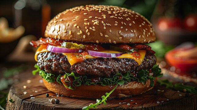 Juicy Bacon Cheeseburger with Sesame Bun and Melted Cheese on Rustic Wood - Powered by Adobe