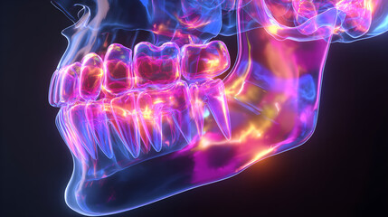 Naklejka premium High-detail neon-colored dental X-ray rendering with glowing anatomical features